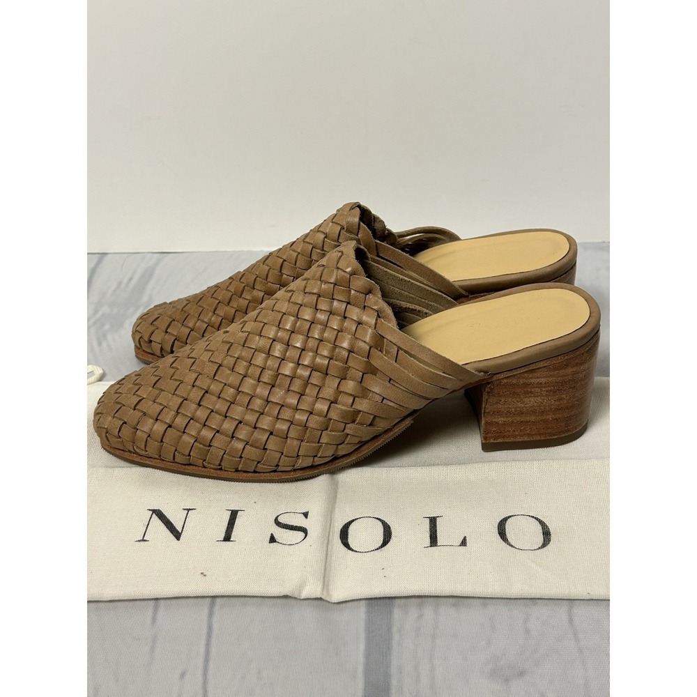 Nisolo All-Day Woven Heeled Mule SZ 9 Leather Slip-on Sandal Block Heel Almond